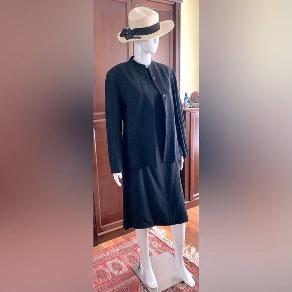 Anne Klein 2 piece suit navy blue & thin white striped wool long dress & jacket - Picture 9 of 16